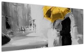 Obraz - Zamilovaný pár pod dáždnikom, žltý (120x50 cm)