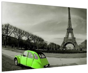 Obraz Eiffelovej veže a zeleného auta (90x60 cm)