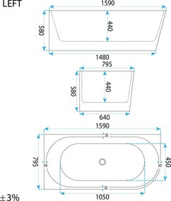 Asymetrická akrylátová vaňa s krycím panelom REA SYDNEY BELLANTO Ľavá 160x75 cm, biely, sifón Click-Clack - čierny