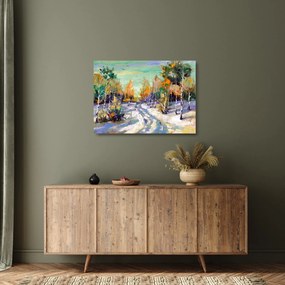 Sklenený obraz - Zasnežená cesta lesom, olejomaľba (70x50 cm)