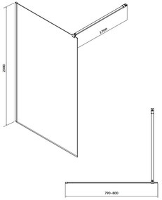 Cersanit Mille, sprchová zástena typu Walk-In 80x200 cm, 8mm číre sklo, čierny profil, S161-007