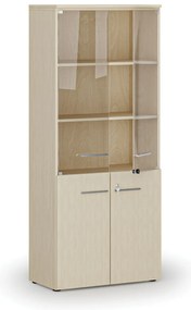 Kombinovaná kancelárska skriňa PRIMO WOOD s drevenými a sklenenými dverami, 800 x 420 x 1781 mm, breza
