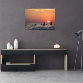 Sklenený obraz kanoistov pri západe slnka (70x50 cm)