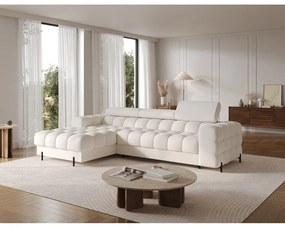 Krémovobiela rozkladacia/s úložným priestorom rohová pohovka z textílie buklé (ľavý roh/s leňoškou) Felro – ELTAP