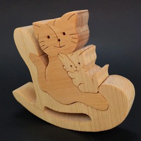AMADEA Drevené puzzle hojdacia mačka, masívne drevo dvoch druhov drevín, 14x11,5x3 cm