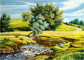 Sklenený obraz - Rieka medzi lúkami, olejomaľba (70x50 cm)