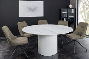 Jedálenský stôl UNIQUE 120 cm okrúhly s bielym rámom, keramickou doskou z bieleho mramoru