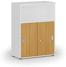 Kombinovaná kancelárska skriňa so zásuvnými dverami PRIMO WHITE, 1087 x 800 x 420 mm, biela/buk