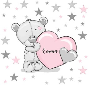 Detské nálepky na stenu - Medvedík s ružovým srdiečkom a menom