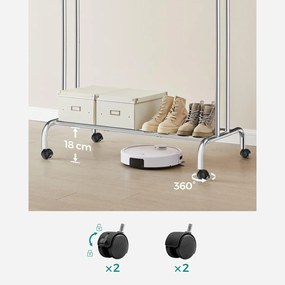 Stojan na šaty, s dvojitou tyčou a policou, kovový, strieborná farba