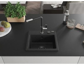 Mexen Milo, 1-komorový granitový drez 435x410x171 mm a drezová batéria Flora, čierna-strieborná metalíza, 6505-73-670401-07-B