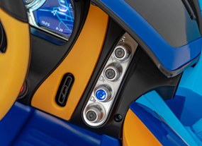 Ramiz Bugatti Chiron batérie pre deti Modrá + Diaľkové ovládanie + Nosič batožiny + EVA + Tlmiče + LED Audio
