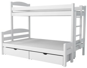 Detská poschodová posteľ z masívu borovice s rozšíreným spodným lôžkom SAVANA so šuplíkmi - 200x90/140 cm - BIELA