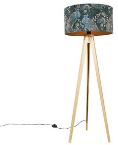 Moderná stojaca lampa drevená s látkovým tienidlom čierny páv 50 cm - Tripod Classic