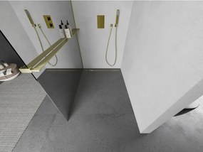Mexen Kioto+ L, sprchová zástena Walk-In s poličkou a vešiakom 70 x 200 cm, 8mm sklo vzor zrkadlo, zlatý matný profil, 800-070-123-55-50