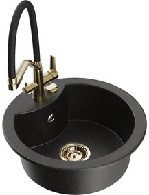 Mexen Diego, 1-komorový granitový drez 488x488x167 mm a drezová batéria Duo, čierna-zlatá metalíza, 6512-75-671701-57-G