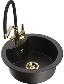 Mexen Diego, 1-komorový granitový drez 488x488x167 mm a drezová batéria Duo, čierna-zlatá metalíza, 6512-75-671701-57-G