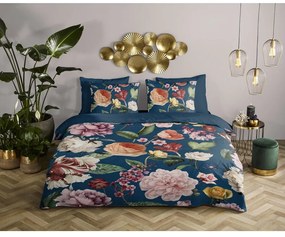 Tmavomodré obliečky na dvojlôžko/predĺžené z bavlneného saténu 200x220 cm Fiori – Descanso