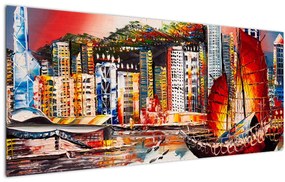 Obrázok - Victoria Harbor, Hong Kong, olejomaľba (120x50 cm)
