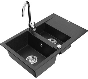 Mexen Gaspar, 1,5-komorový granitový drez s odkvapkávačom 74x48 cm a kuchynskou batériou Telma, čierna-strieborná, 6507-73-670200-00