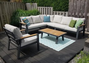 Rohová sedacia súprava EMOT WPC antracit s kreslom a so svetlými poduškami