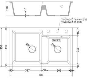 Mexen Tomas, granitový drez 800x500x190 mm, 2-komorový a zlatá batéria Telma, čierna-strieborná metalíza, 6516-73-670200-50