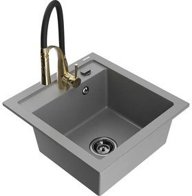 Mexen Vito, 1-komorový granitový drez 490x520x210 mm a drezová batéria Aster, šedá, 6503-71-73450-57-B