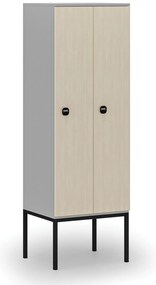 Drevená šatníková skrinka S4 s podnožou, 2 oddiely, 1871 x 600 x 500 mm, demont, RFID zámok, sivá/breza