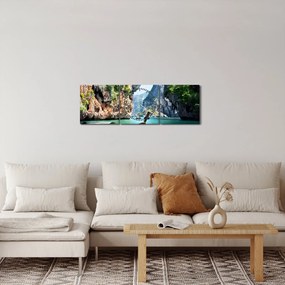 Obraz - Vodná stredomorská krajina s loďou (s hodinami) (90x30 cm)