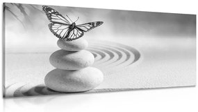 Obraz rovnováha kameňov a motýľ v čiernobielom prevedení - 100x50