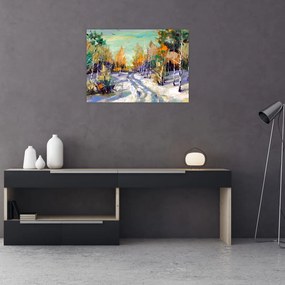 Sklenený obraz - Zasnežená cesta lesom, olejomaľba (70x50 cm)