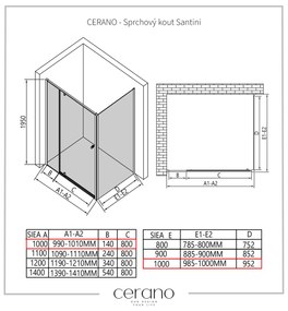 Cerano Santini, sprchovací kút 100(dvere) x 100(stena) x 195 cm, 6mm číre sklo, čierny profil, CER-CER-428962