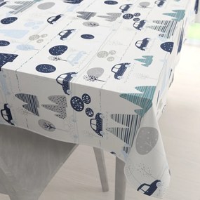 Biante Detský bavlnený obdĺžnikový obrus Sandra SA-685 Modré autá medzi stromami na bielom 50x100 cm