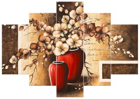 Gario Ručne maľovaný obraz Orchidei v červenej váze - 5 dielny Rozmery: 150 x 70 cm