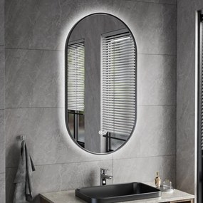 Erga Freya, oválne LED zrkadlo 50x90cm v čiernom kovovom ráme, 3 farby svetla, zadné osvetlenie, vyhrievacia podložka proti zapareniu, ERG-V01-FREYA-5090-BK