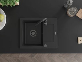 Mexen Enzo, granitový drez 576x465x174 mm, 1-komorový, čierna s čiernym sifónom, 6506571005-77-B