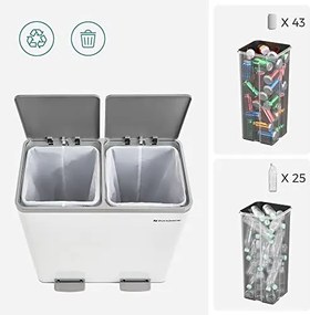 SONGMICS dvojitý kôš, kovový kôš na triedený odpad s 15 vreckami, 2 x 30 l, bielo-šedá