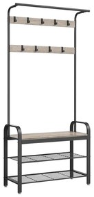 Vešiakový stojan s botníkom a lavičkou, 9 odnímateľných háčikov, 183x84x33.7cm