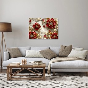 Sklenený obraz - 3D Červeno-zlaté kvety (70x50 cm)