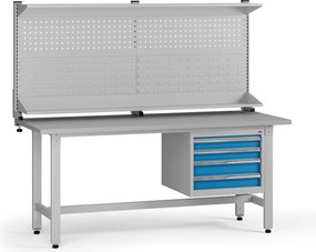 Výškovo nastaviteľný dielenský stôl G5 s nadstavbou, 1800 x 750 x 800-1000 mm, 1x kontajner, 4 zásuvky, modrá