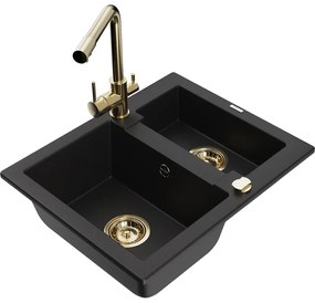 Mexen Carlos, 1,5-komorový granitový drez 582x475x177 mm a drezová batéria Duero, čierna, 6518-77-671600-50