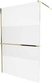 Mexen Kioto+, sprchová zástena s poličkou a držiakom na uteráky 140 x 200 cm, 8mm číre sklo vzor námraza, zlatý profil, 800-140-121-50-35