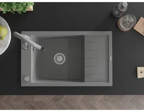 Mexen Elias, 1-komorový granitový drez 795x480x200 mm a drezová batéria Savita, šedá, 6511-71-672601-71