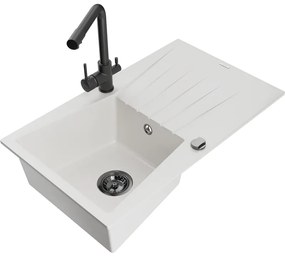 Mexen Cesar, granitový drez 775x470x190 mm, 1-komorový a čierna matná batéria Duero, biela, 6514-20-671600-70