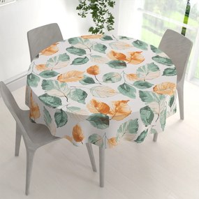 Biante Bavlnený okrúhly obrus Sandra SA-748 Hnedo-zelené akvarelové listy na bielom Ø 110 cm