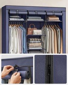 Veľká látková skriňa, 2 závesné tyče, 9 políc, 175x150x45cm, tmavo modrá