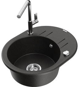 Mexen Kevin, 1-komorový granitový drez 586x458x190 mm a drezová batéria Flora, čierna-zlatá metalíza, 6517-75-670401-00