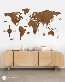 Nástenná drevená mapa sveta 3D, ručne vyrábaná, 150x75cm orech