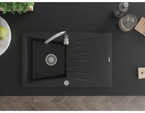 Mexen Cesar, 1-komorový granitový drez s odkvapkávačom 78x47 cm a kuchynskou batériou Telma, čierna, 6514-77-670200-00