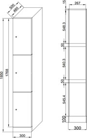 Šatníková skrinka S1 s úložnými boxmi, 3 boxy, 1850 x 300 x 500 mm, cylindrický zámok, laminované dvere, dub prírodný